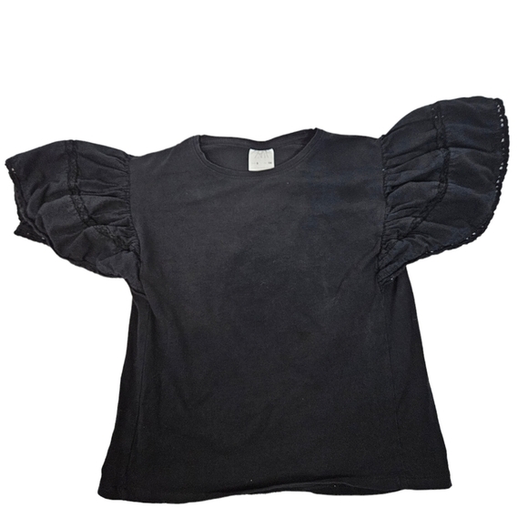 Zara Black Eyelet Ruffle Sleeve Poplin Top Tee-Shirt Size 9 Girl's i82 - Picture 1 of 7